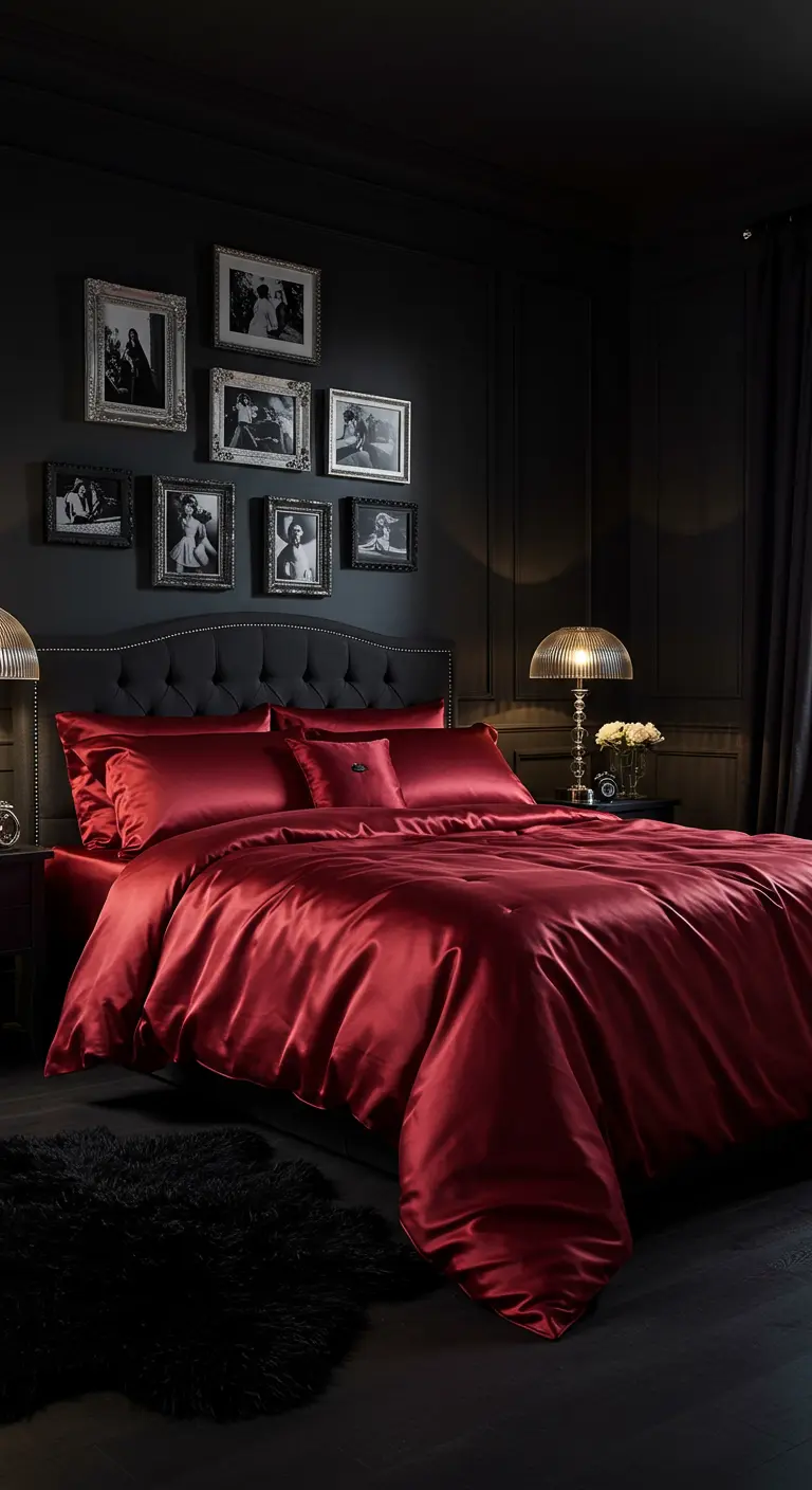 Chambre sombre avec des murs noirs et un lit habillé de satin rouge vif.