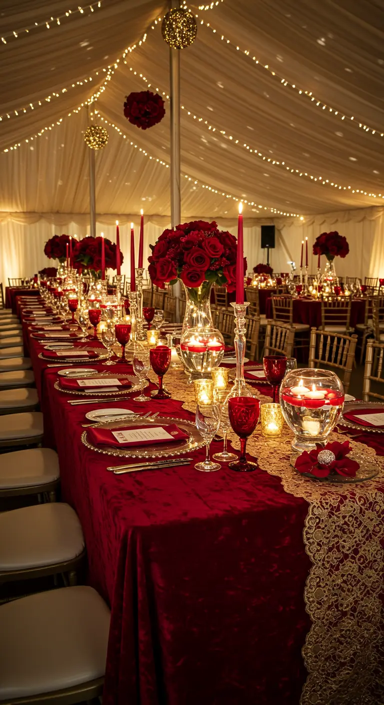 Longue table de banquet avec nappe rouge velours, chemin de table doré et abondance de roses et bougies.