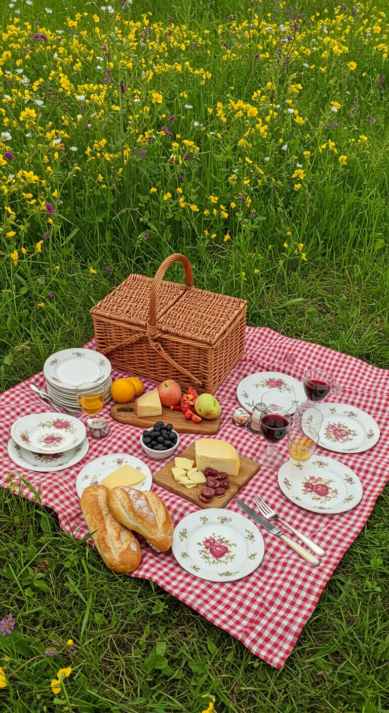 Pique-nique champêtre sur une nappe à carreaux rouges et blancs.