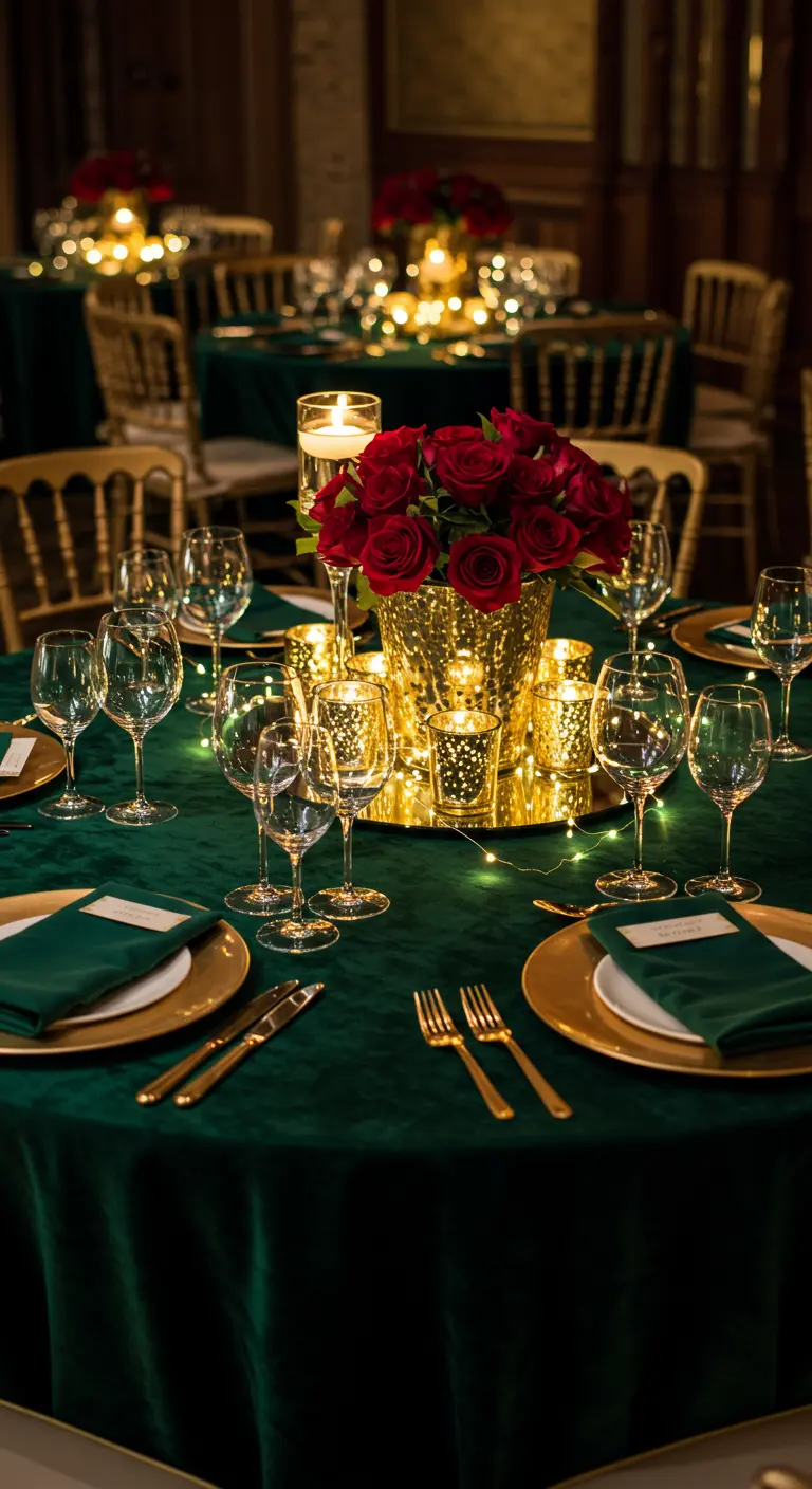 Table de fête élégante avec nappe vert émeraude, centres de table de roses rouges et dorures.