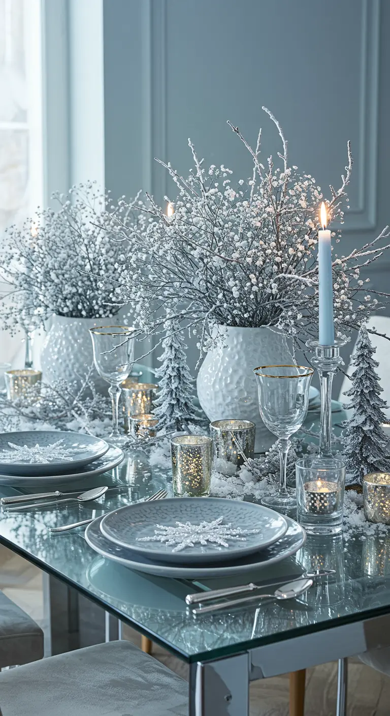 Table de Noël glacée avec gypsophile givré, vaisselle argentée et bougies bleues.