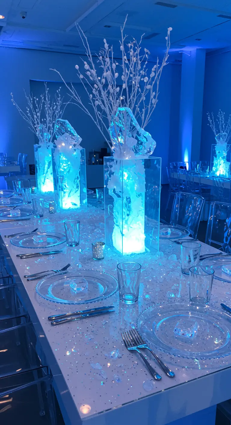 Table futuriste au thème hivernal avec éclairage bleu, blocs de glace lumineux et branches blanches.