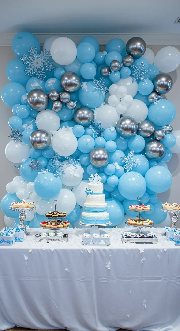 Mur de ballons d'hiver bleu, blanc et argenté avec des flocons de neige.