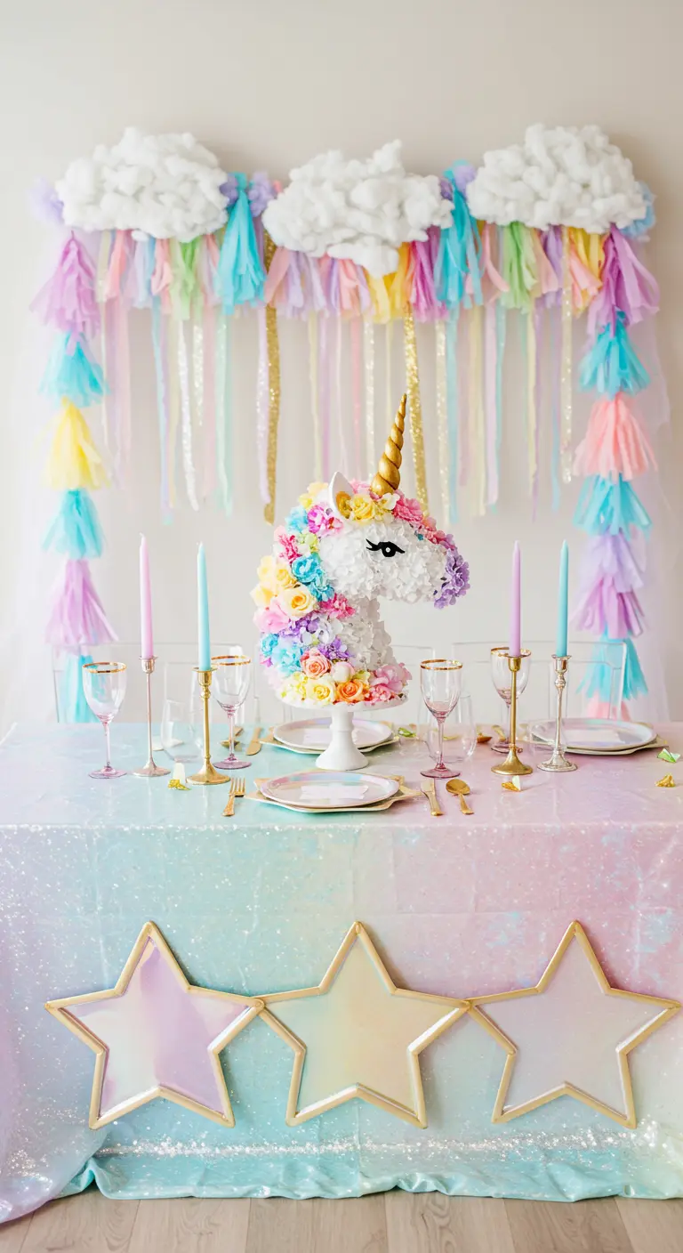 Table licorne pastel avec nappe à paillettes, centre de table floral et nuages en coton.