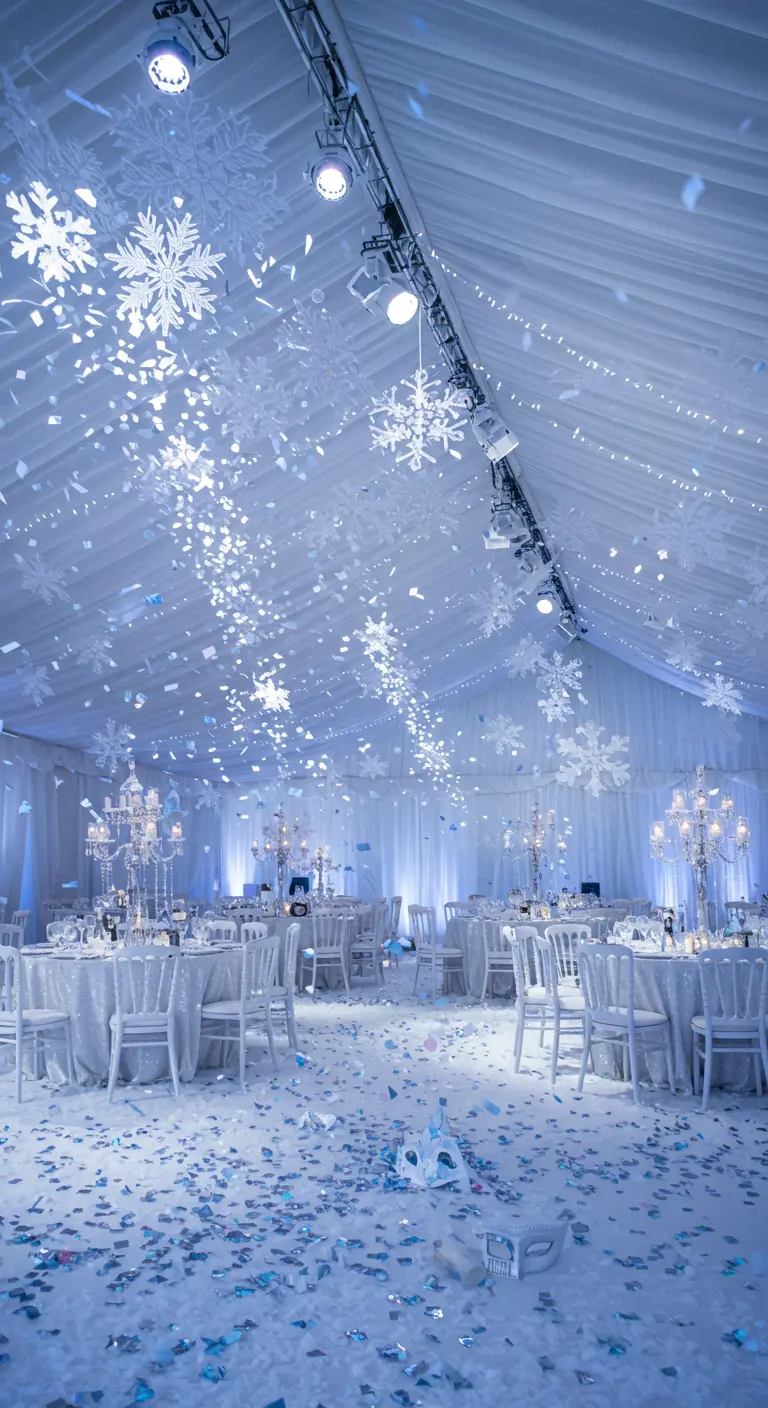 Grande salle blanche et bleue décorée de flocons de neige et confettis scintillants.