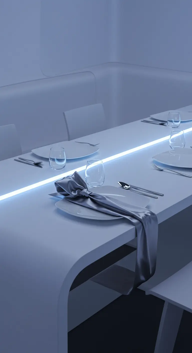 Table blanche futuriste éclairée par une bande LED centrale et une serviette en satin.