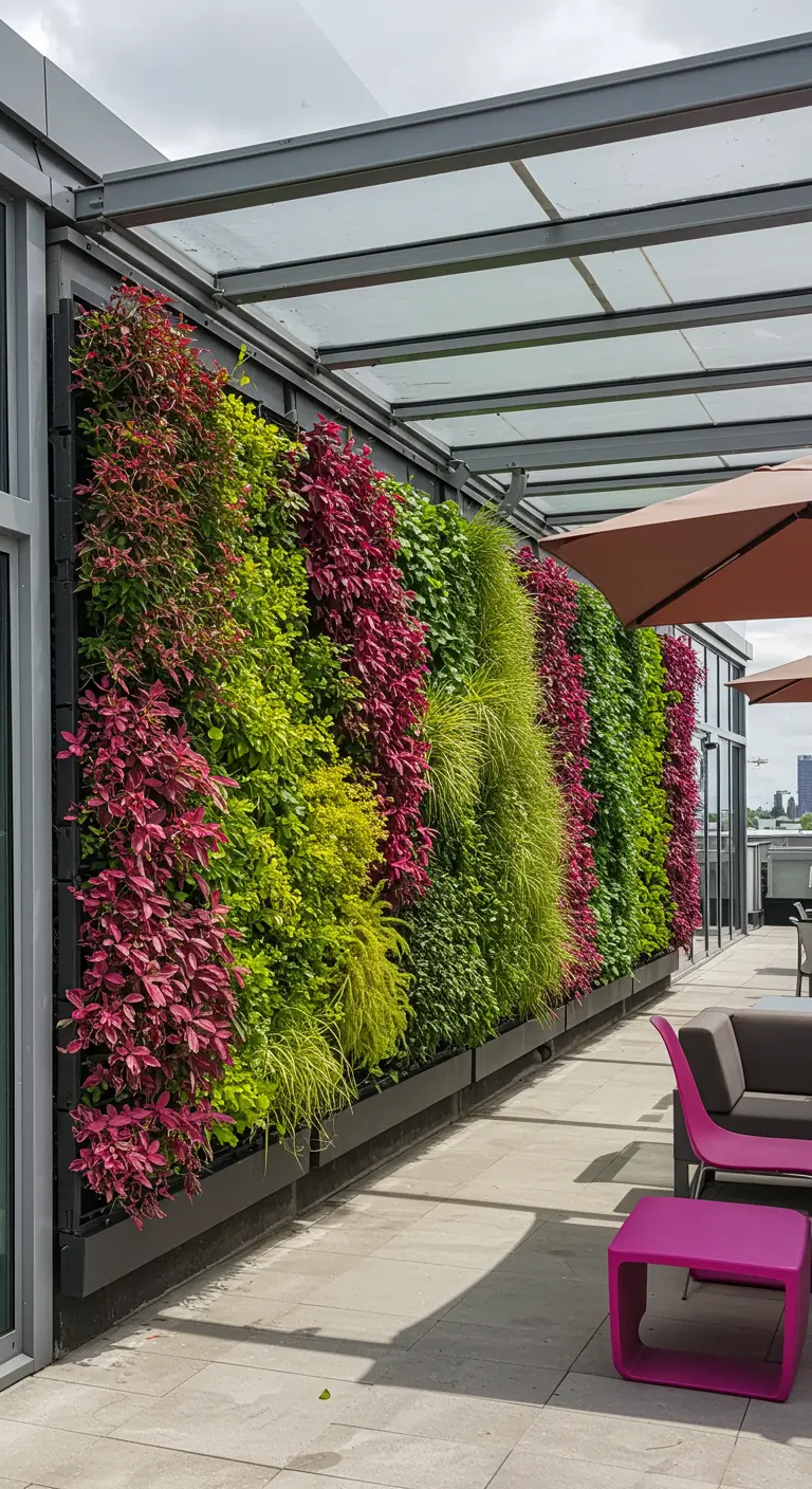 Mur végétal extérieur sur une terrasse, composé de bandes verticales de plantes vertes et pourpres.