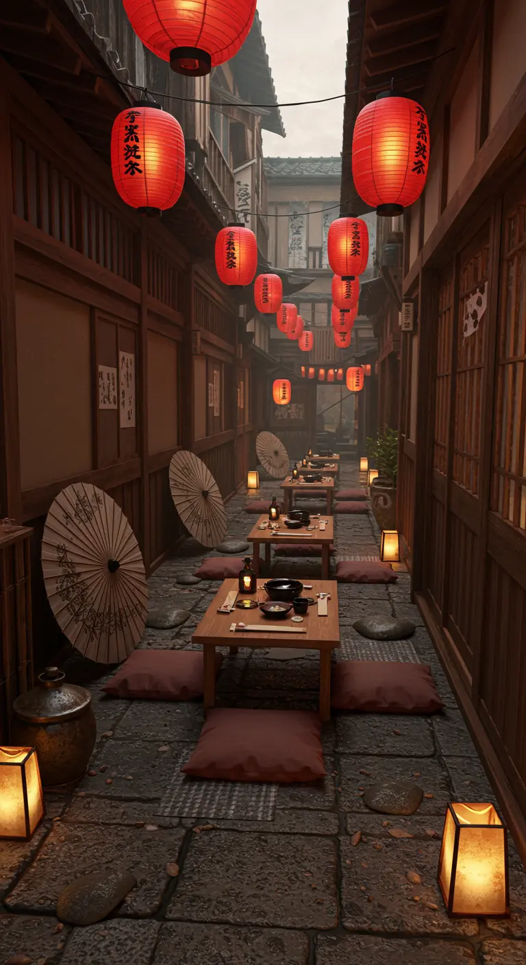 Ruelle asiatique avec tables basses, coussins rouges, lampions rouges suspendus et ombrées décoratives.