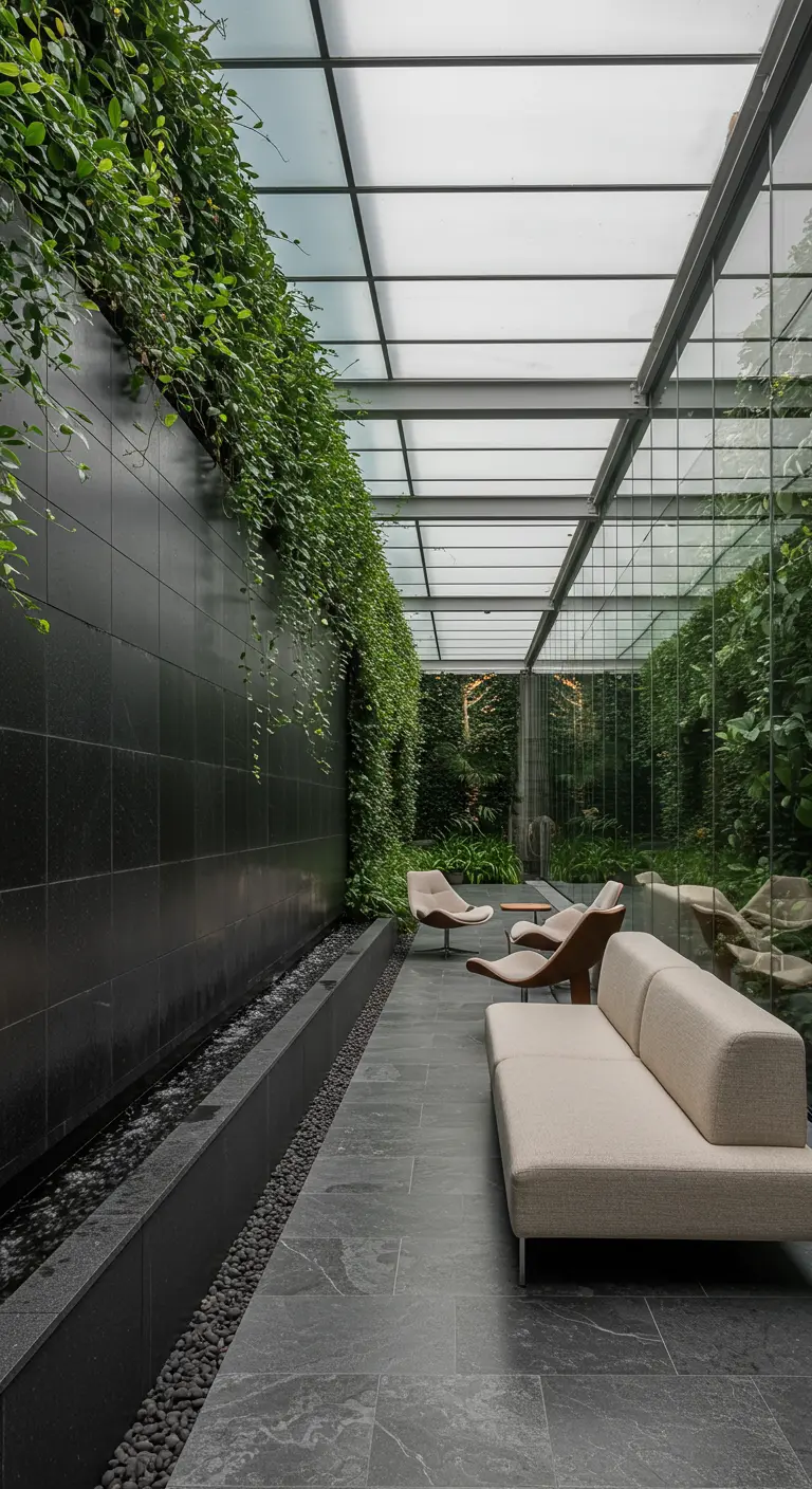 Atrium moderne avec une longue fontaine, un mur végétal et un mobilier design.