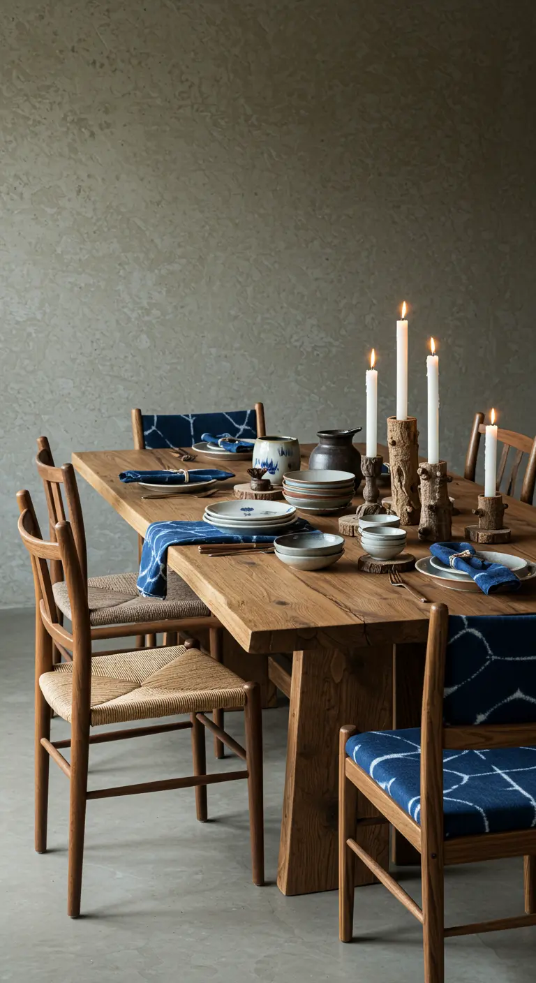 Table Japandi en bois brut, chaises tressées, chemin de table indigo, chandeliers en bois et vaisselle.