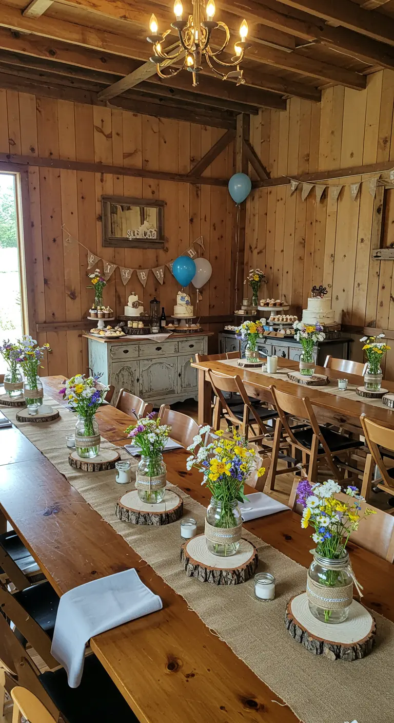Longues tables en bois avec chemin de table en jute, bocaux de fleurs des champs et rondins de bois.