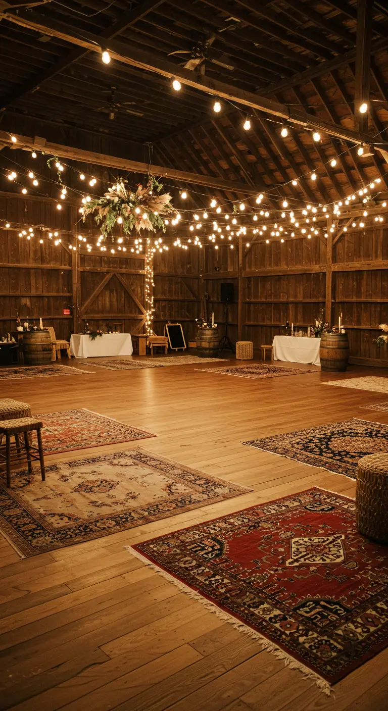 Intérieur de grange transformé en salle de réception bohème avec tapis orientaux, guirlandes lumineuses et décorations florales.