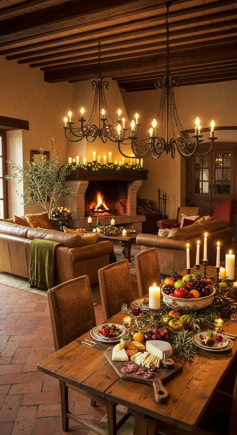 Un grand salon rustique avec une cheminée en pierre, des poutres en bois, une table dressée et de nombreuses bougies.