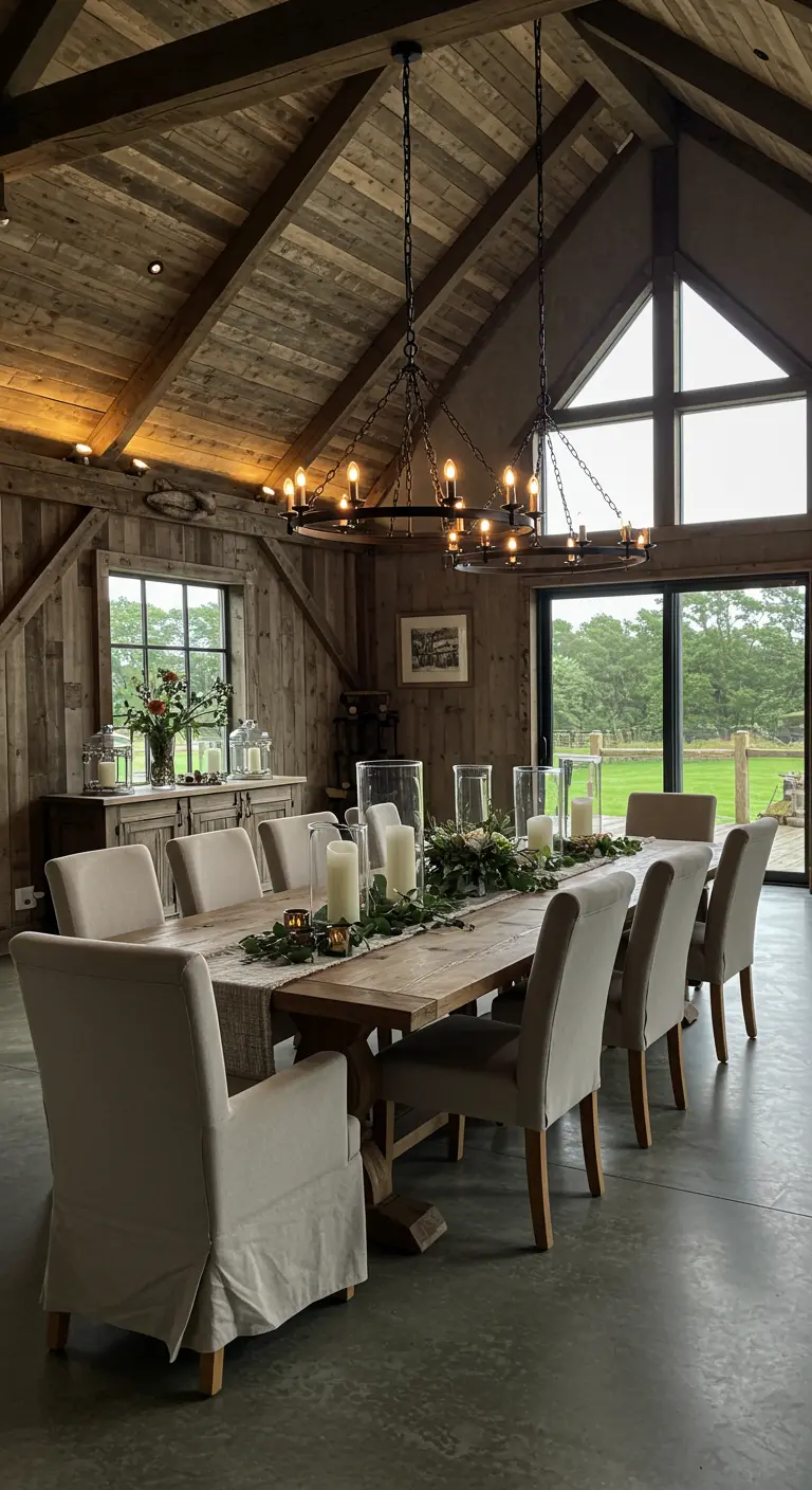 Grande table rustique chic avec chemin de table vert, bougies et cylindres de verre