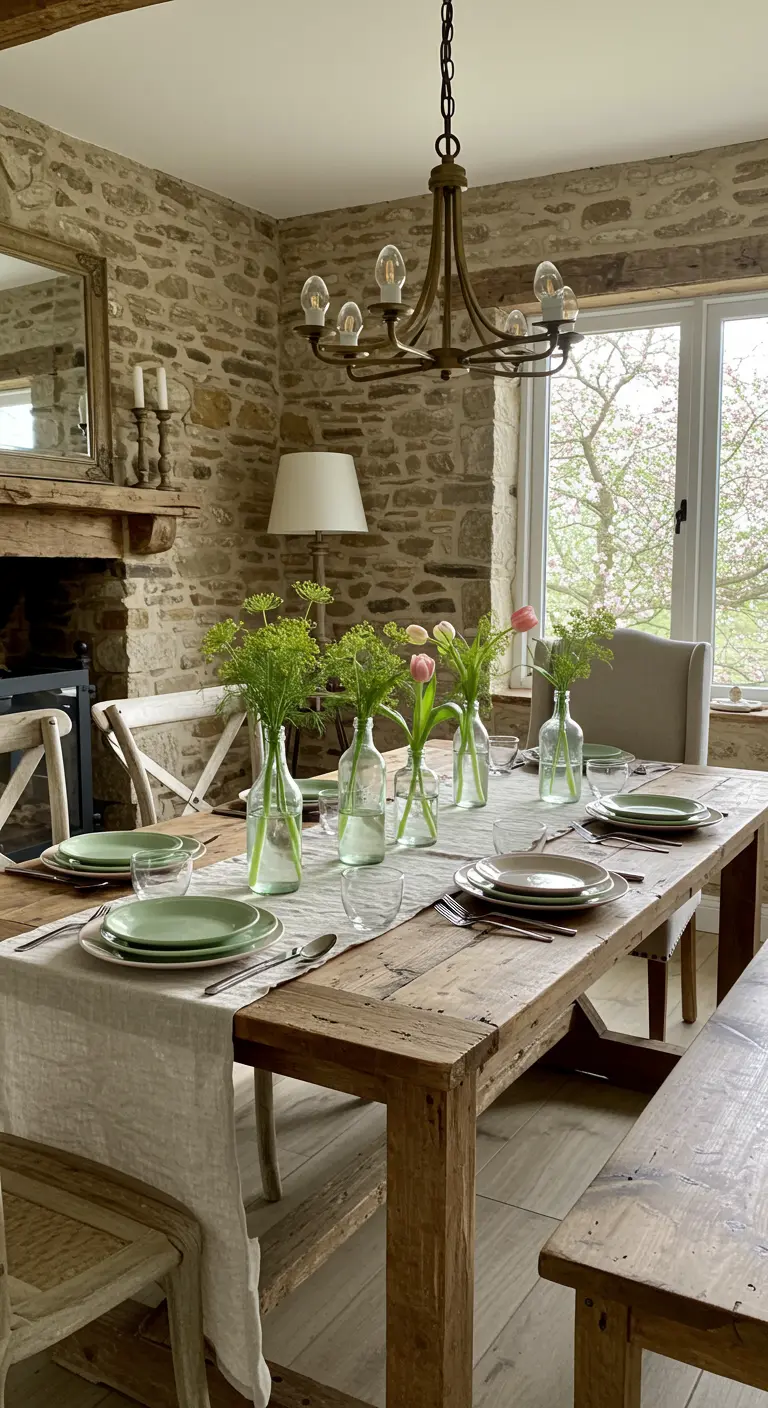 Table en bois brut avec chemin de table en lin, bouteilles en verre et herbes fraîches et tulipes.