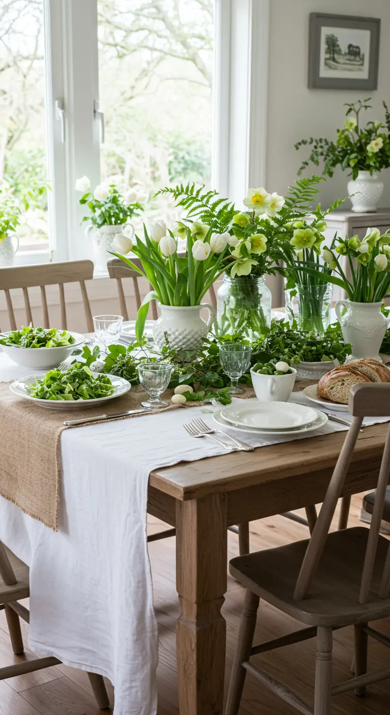 Table de Pâques rustique chic avec chemins de table en jute et lin, bouquets de tulipes vertes et blanches, vaisselle épurée.