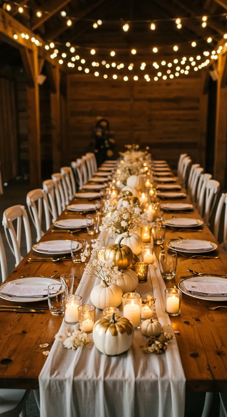 Longue table en bois avec chemin de table blanc, citrouilles blanches et dorées, multiples bougies et guirlandes lumineuses.