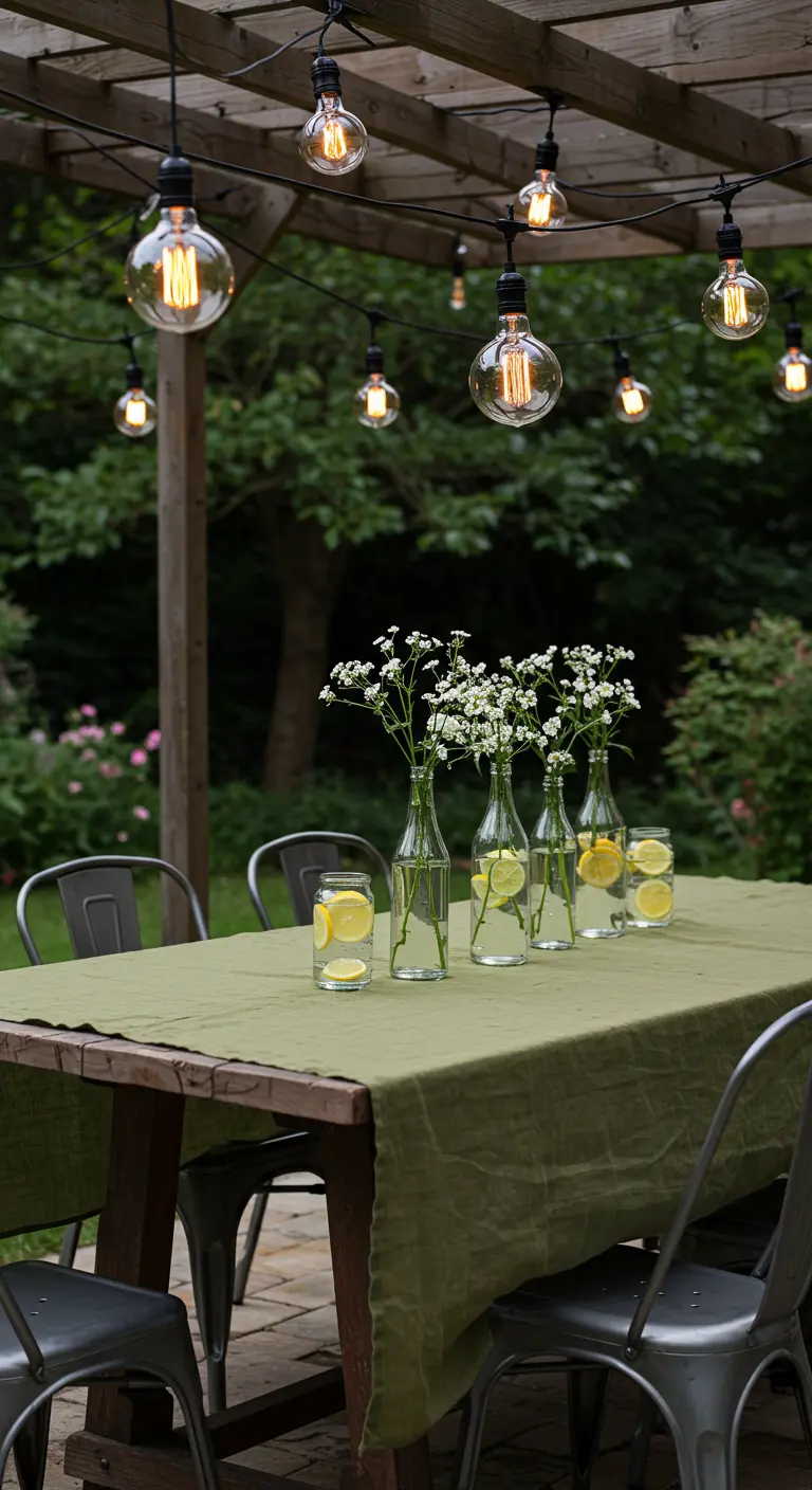 Table verte avec chaises industrielles, bouteilles en verre fleuries, citrons et guirlandes d'ampoules Edison.