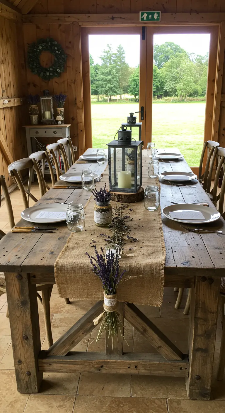 Table en bois rustique avec chemin de table en toile de jute, bouquets de lavande et lanterne.