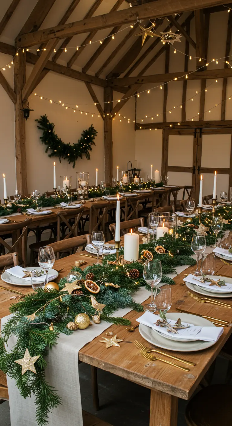 Longues tables en bois avec chemins de table sapin, agrumes séchés, étoiles dorées, lumières guinguette.