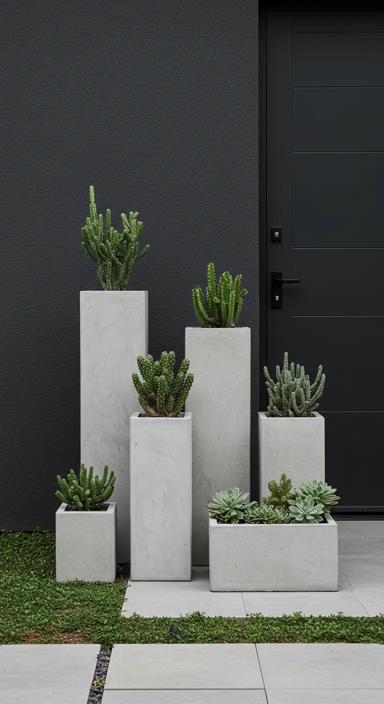 Plusieurs piliers en béton de différentes hauteurs, avec cactus et succulentes, devant un mur gris foncé.
