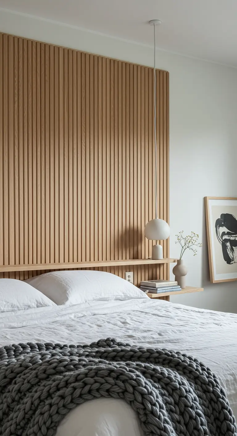 Mur de lattes en bois clair avec une étagère intégrée en guise de tête de lit.