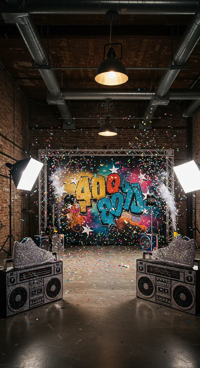 Photobooth hip-hop avec fond graffiti, enceintes pailletées, lumières de studio et confettis.