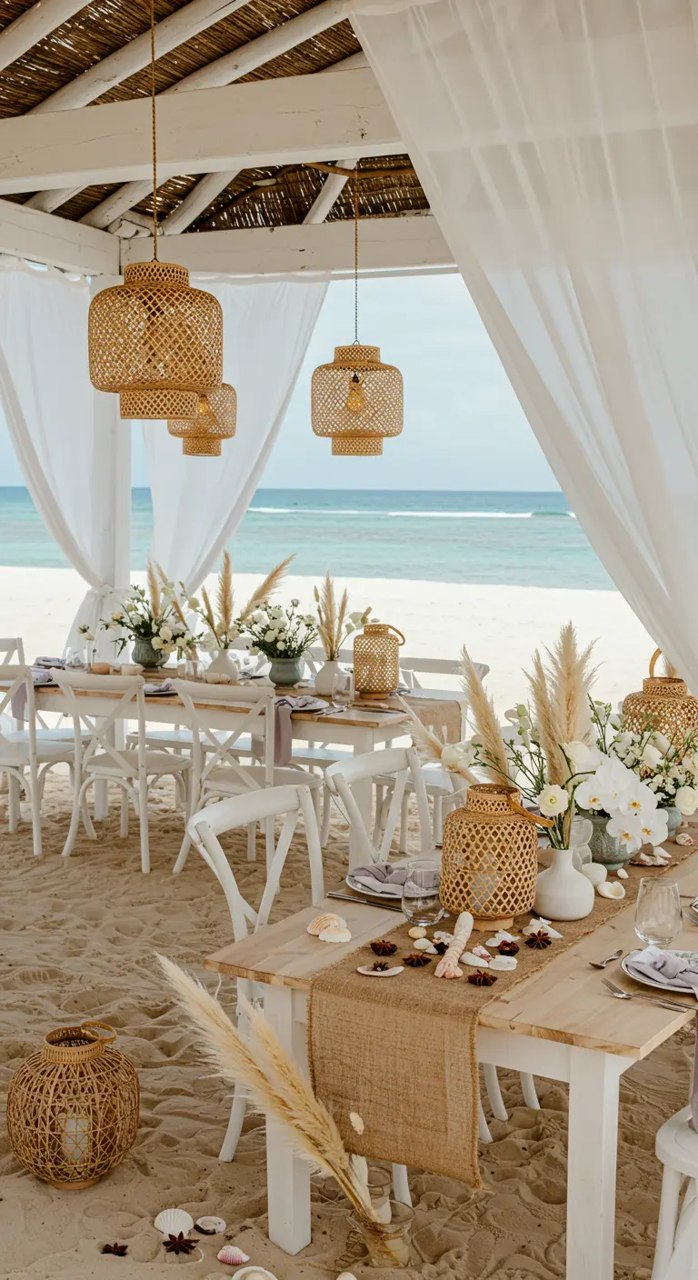 Table de mariage sur la plage avec lanternes en rotin et herbe de la pampa.