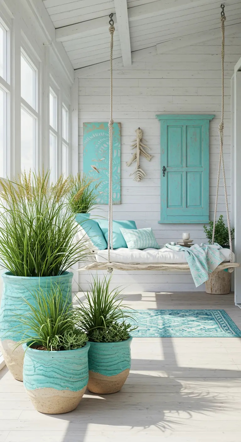 Pots de fleurs turquoise et sable avec de hautes herbes dans une véranda lumineuse.