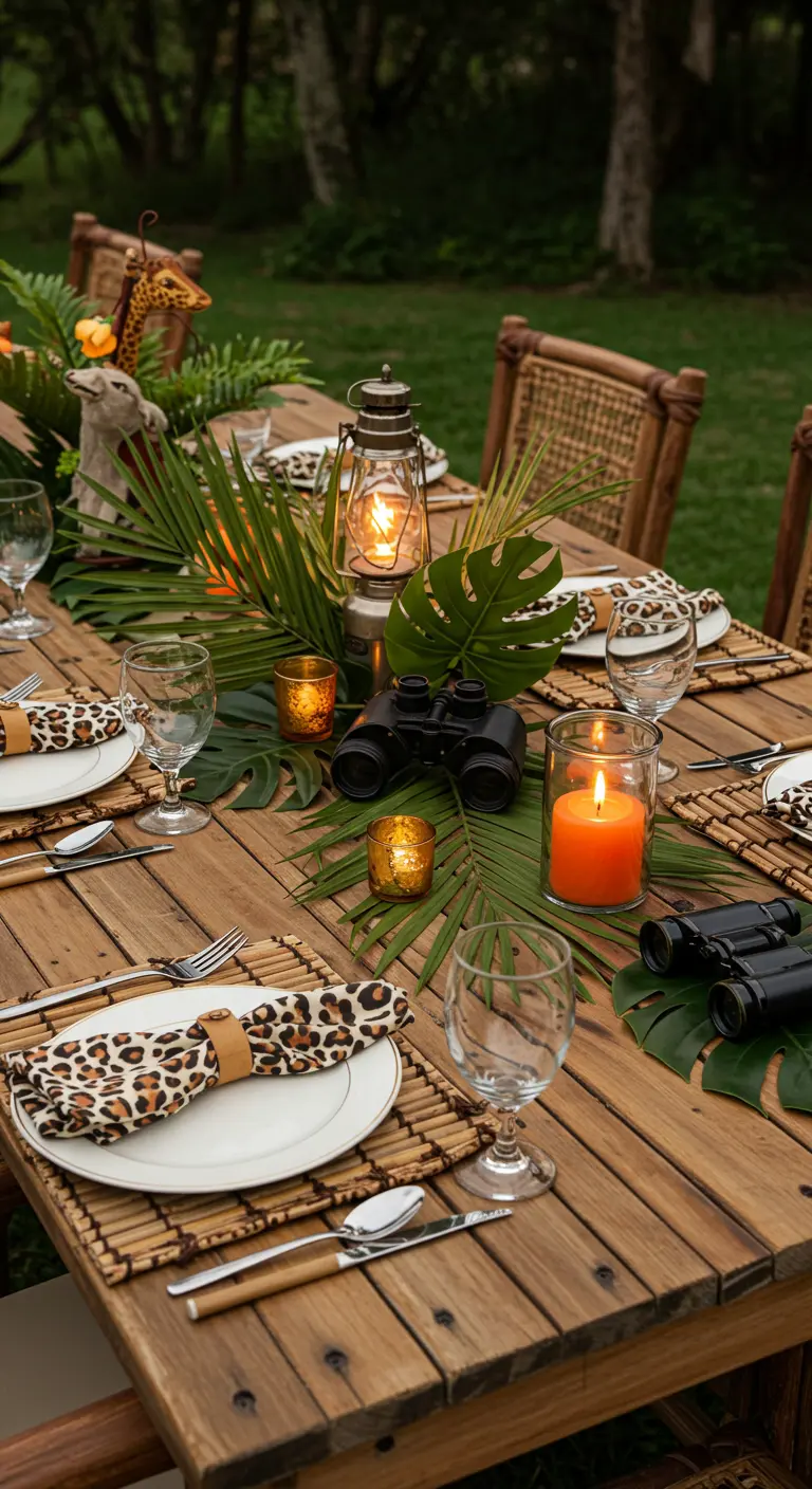 Table de safari avec feuilles de palmier, imprimé léopard et lanterne.