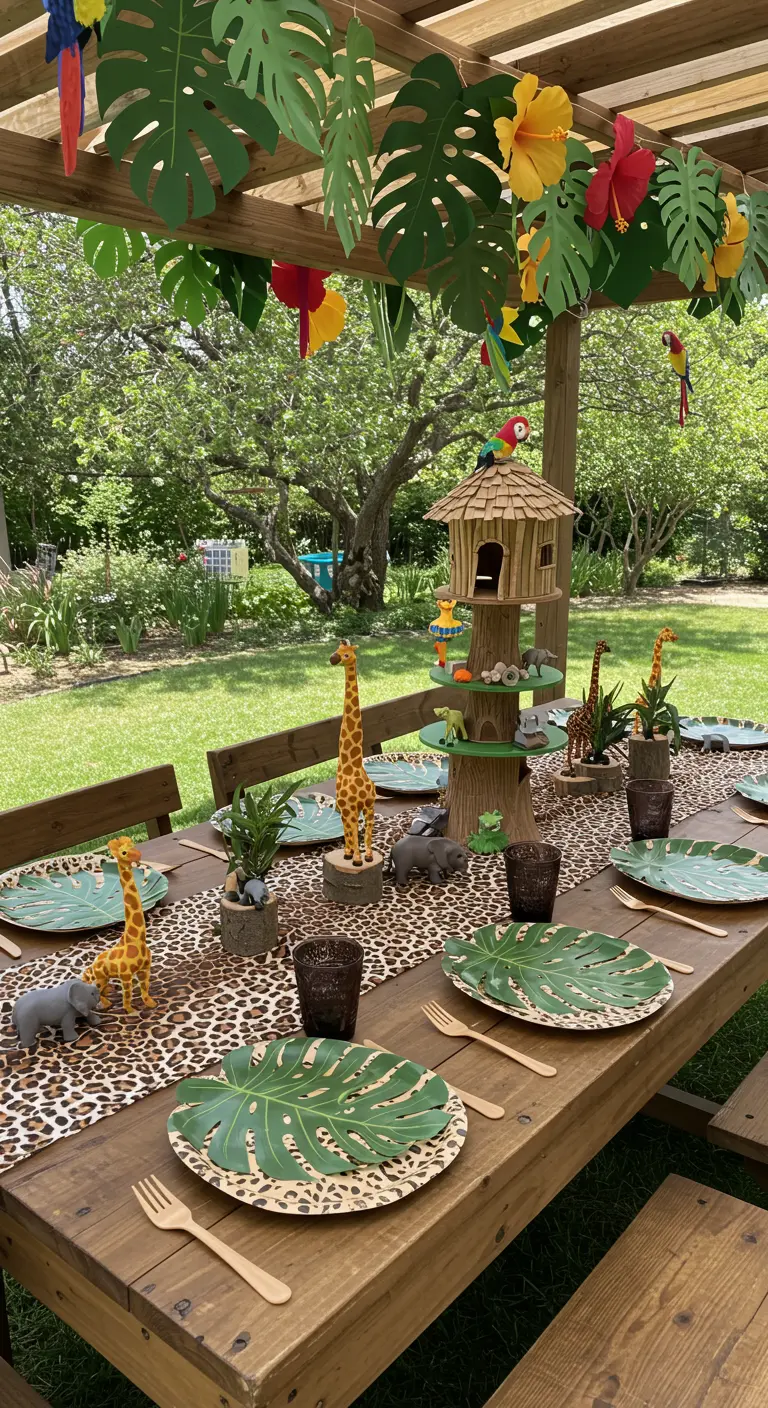 Table d'anniversaire thème jungle avec chemin de table léopard et figurines d'animaux.
