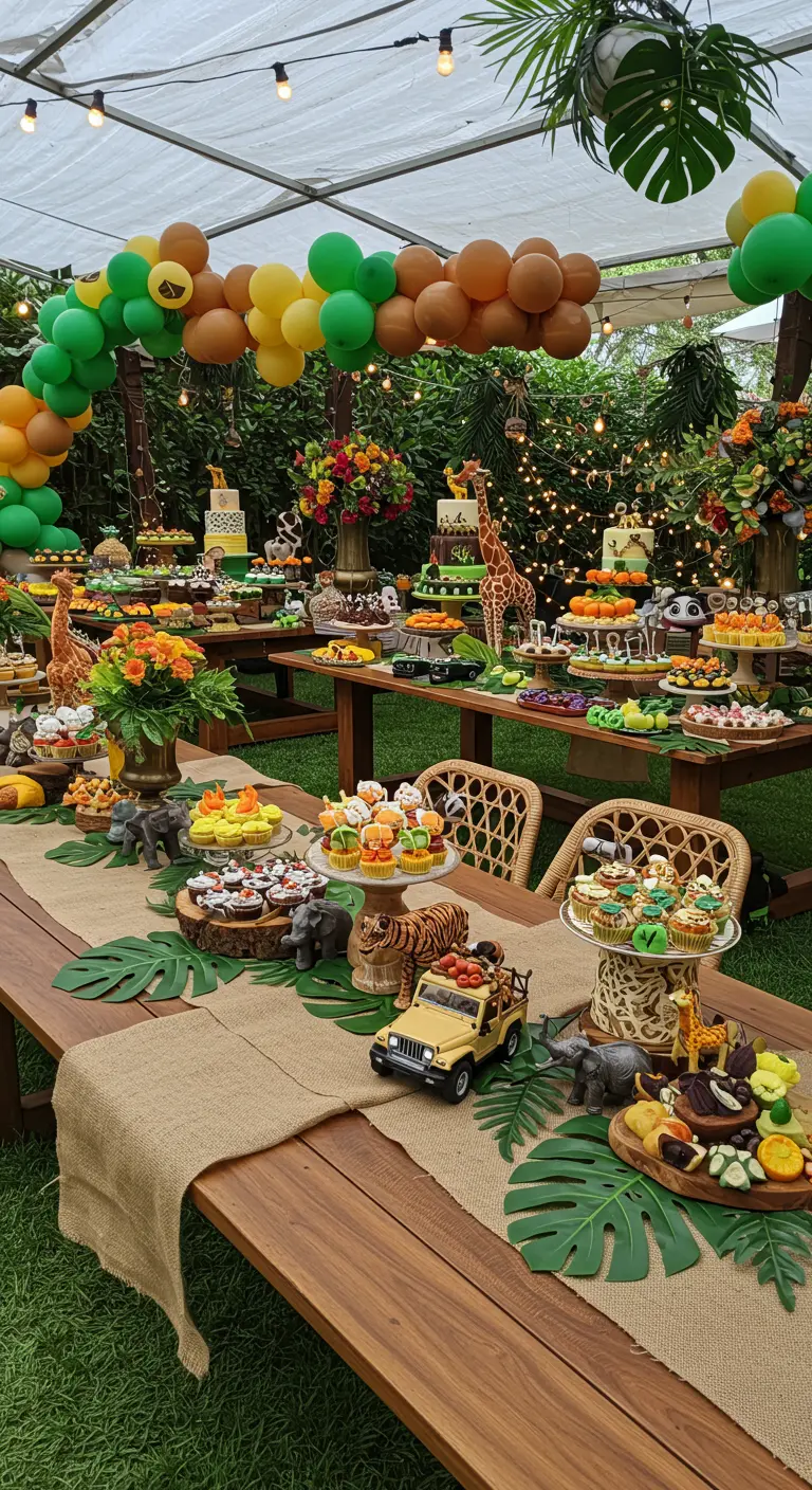 Table de fête safari avec chemin de table en jute, feuilles de monstera et figurines d'animaux.