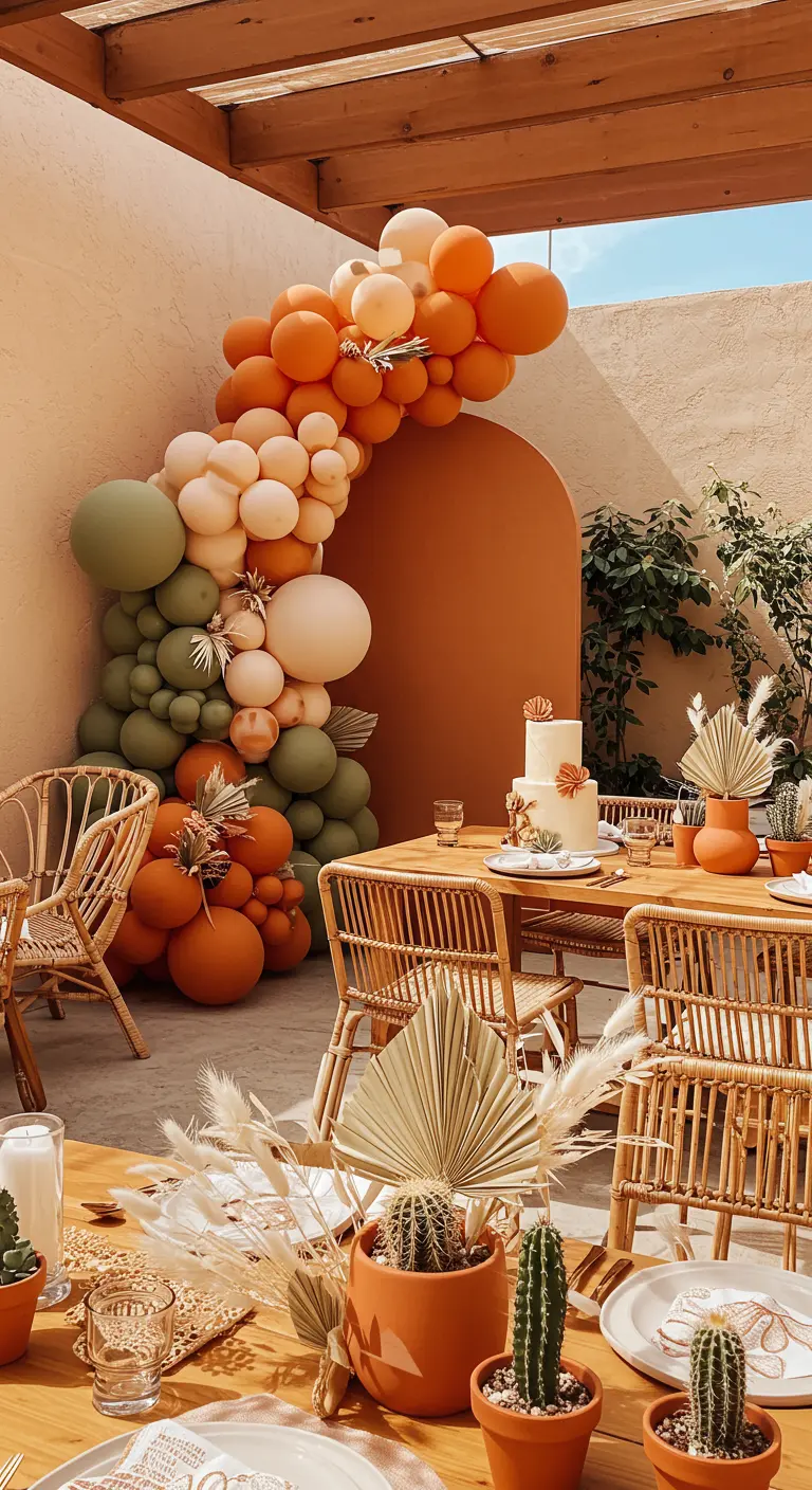 Décoration de fête aux tons terre cuite avec ballons, mobilier en rotin et cactus.