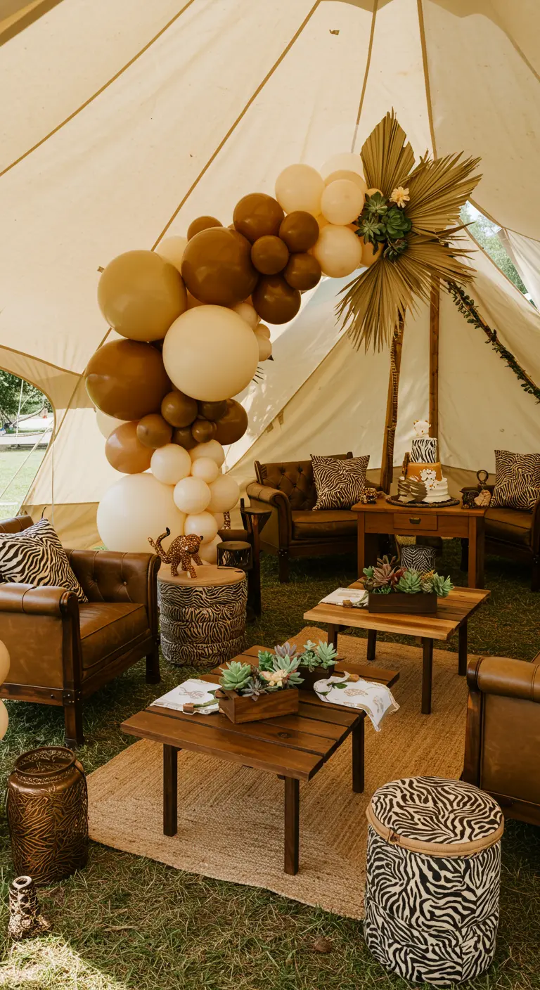 Décor de fête thème safari dans une tente avec des ballons marron et beiges.