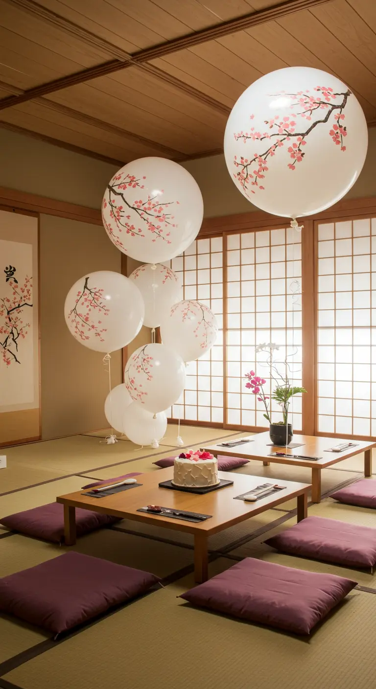 Ballons blancs peints de fleurs de cerisier dans un décor d'inspiration japonaise.