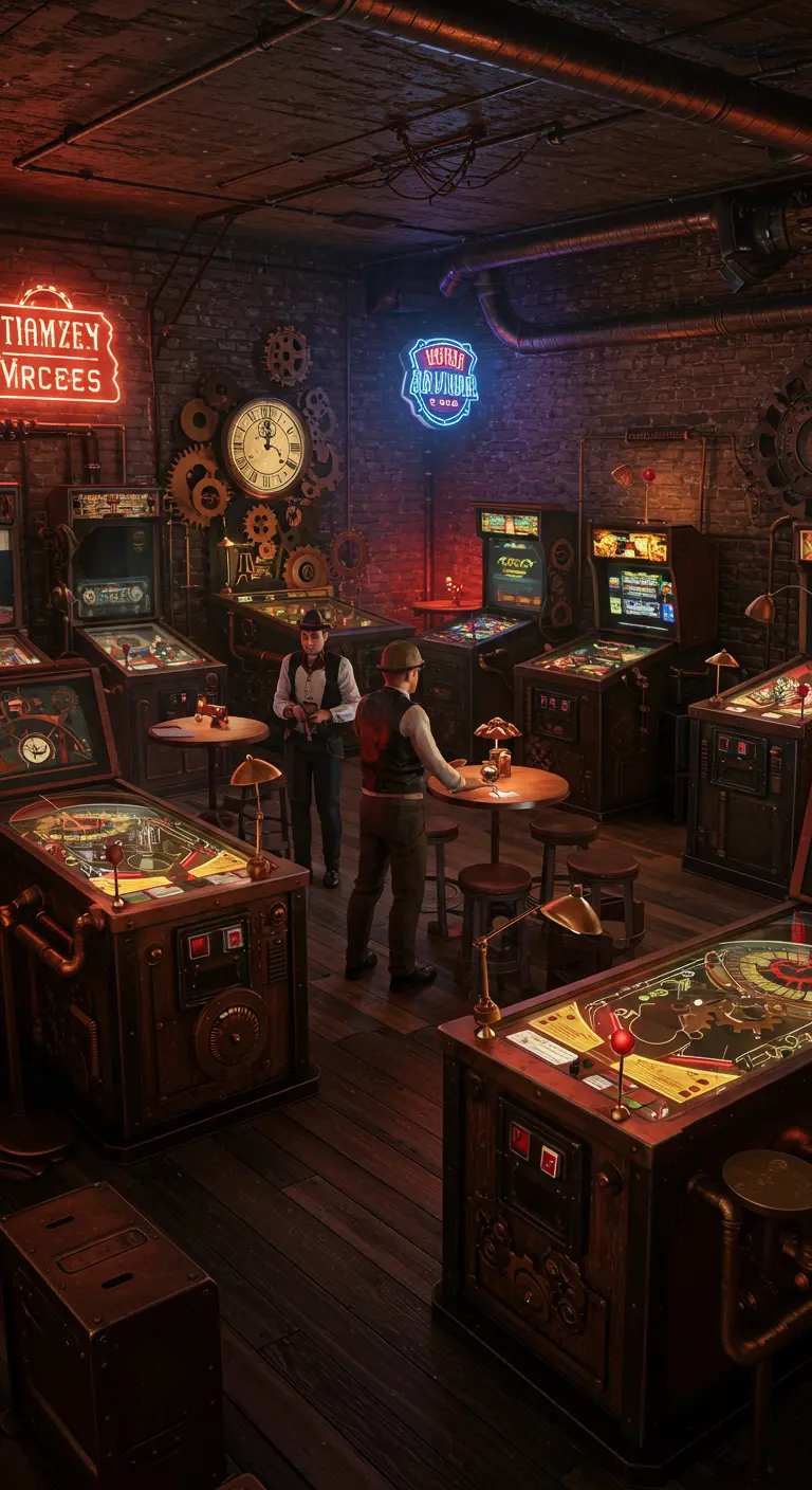 Salle de jeux Steampunk avec machines d'arcade, néons et murs décorés d'horloges et d'engrenages.