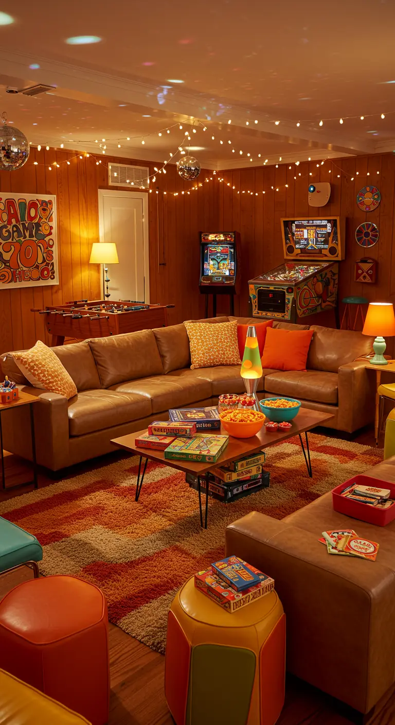 Table basse avec des jeux de société empilés et une lampe à lave, dans un salon aux accents rétro.