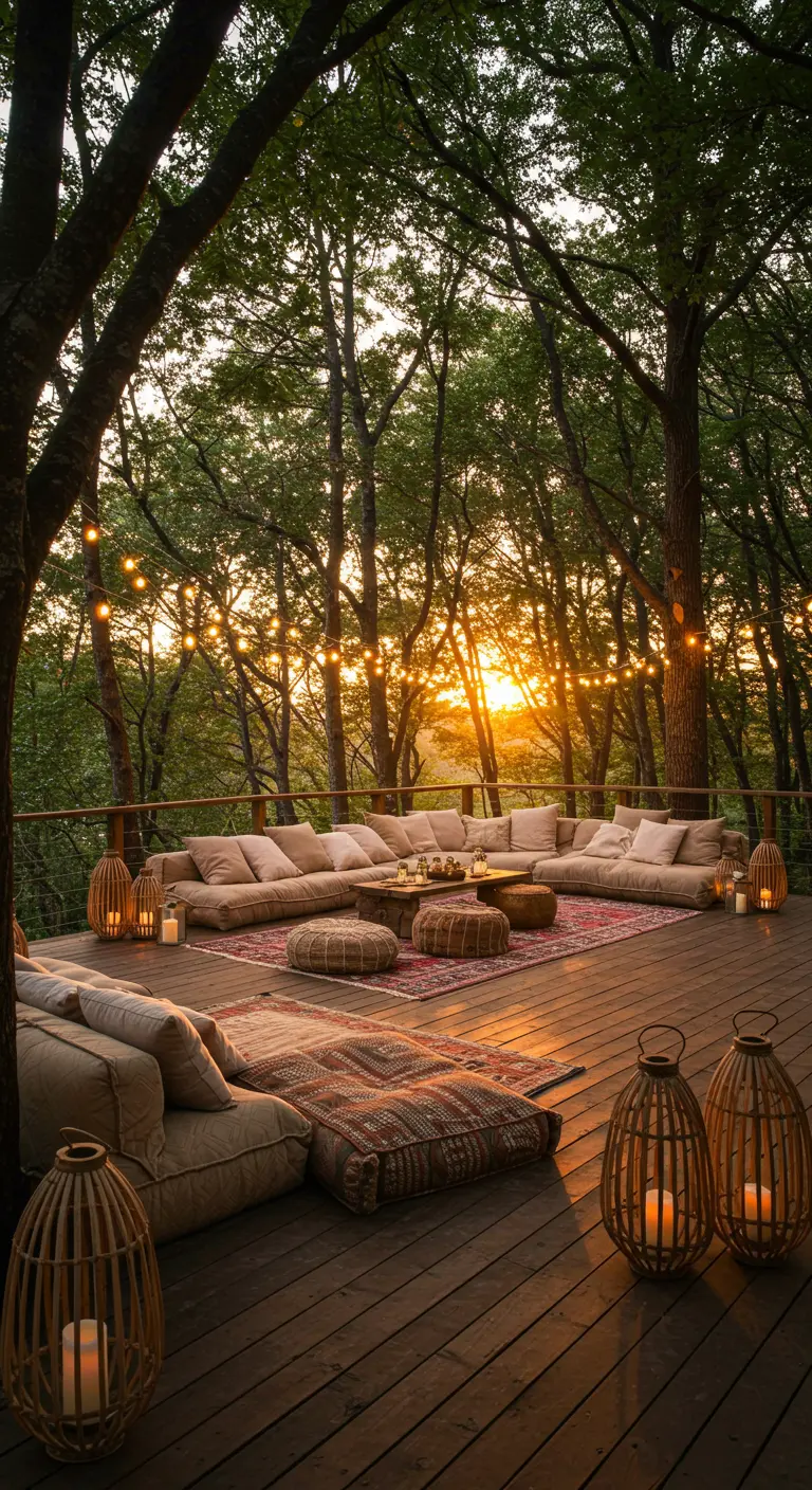 Grande terrasse en bois dans les bois avec des coussins de sol et des lanternes