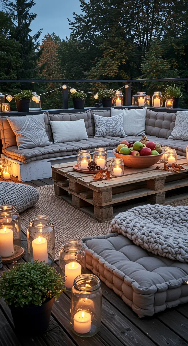 Salon d'extérieur bas avec table en palettes, coussins de sol et bocaux-lanternes.