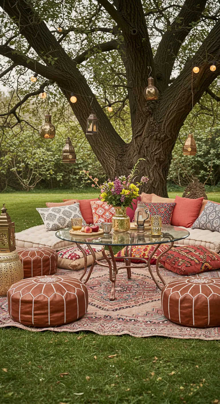 Installation bohème avec une table basse en verre, tapis et poufs sous un arbre.