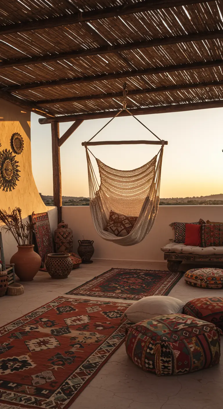 Grand hamac suspendu sur une terrasse bohème avec de nombreux tapis et coussins.