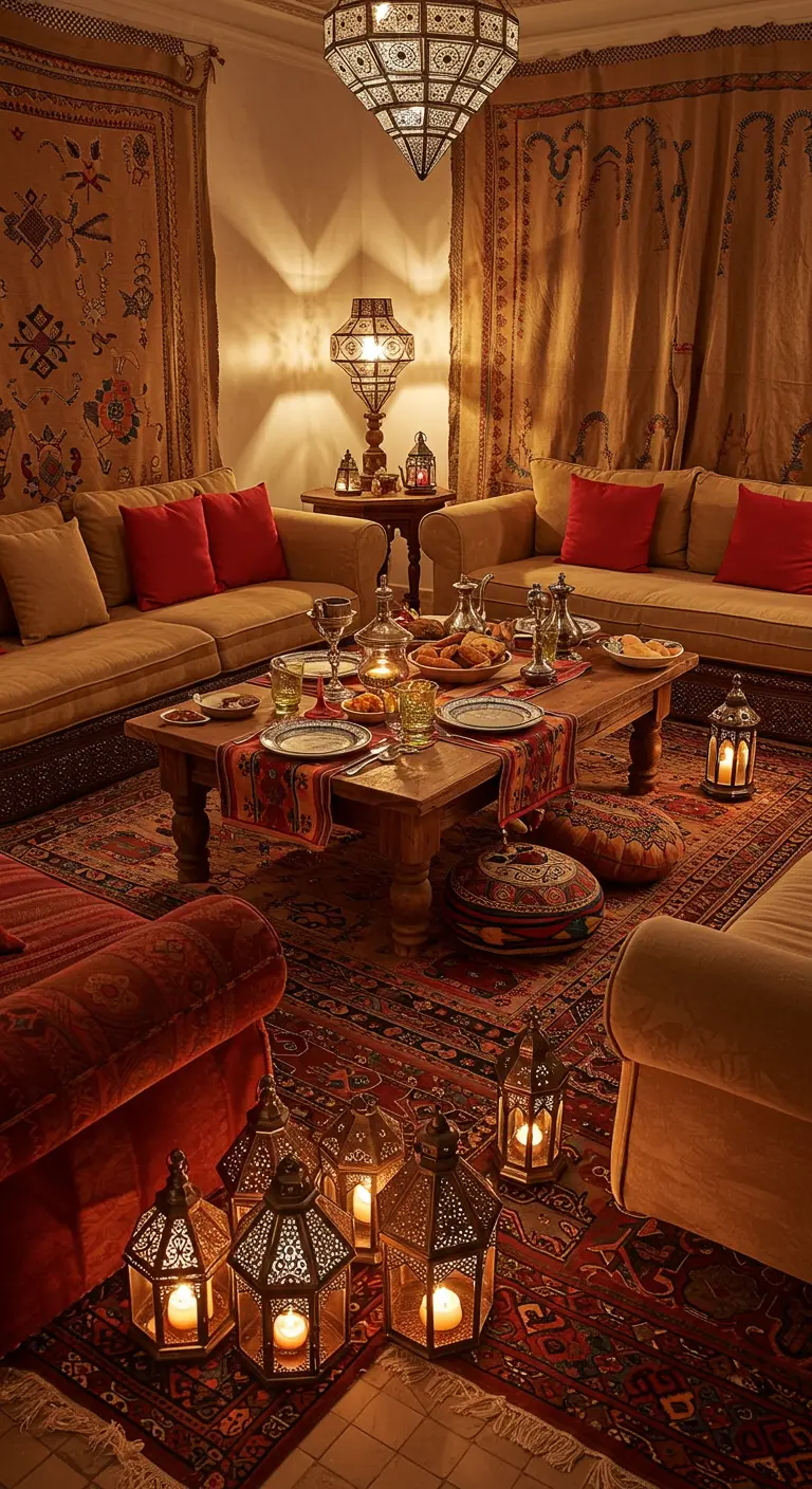 Salon marocain chaleureux avec canapés beiges, coussins rouges, tapis, table basse et lanternes.
