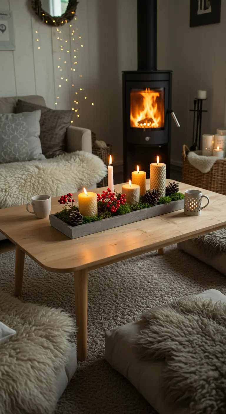 Centre de table hivernal avec mousse, bougies, pommes de pin et baies rouges sur une table basse en bois clair.