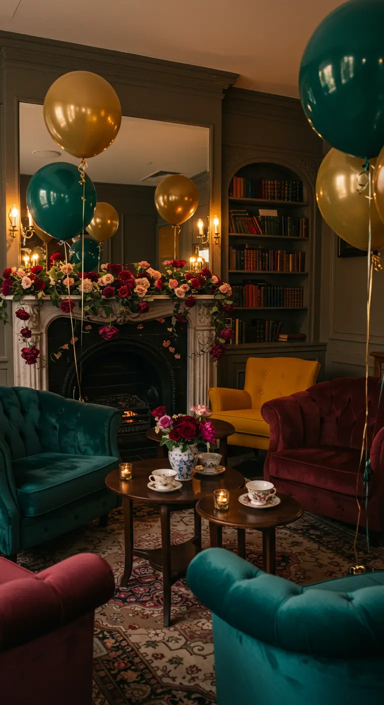 Salon cosy avec cheminée fleurie, fauteuils en velours, et ballons dorés et verts émeraude.