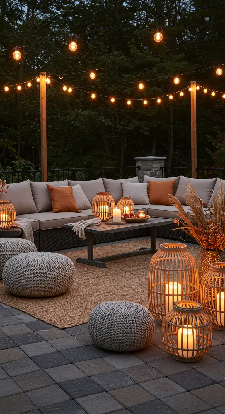 Salon d'extérieur sur un patio avec guirlandes lumineuses, lanternes en rotin et mobilier cosy.