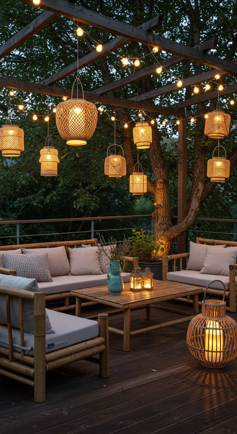 Terrasse en bois avec mobilier en bambou et une variété de lampions suspendus.