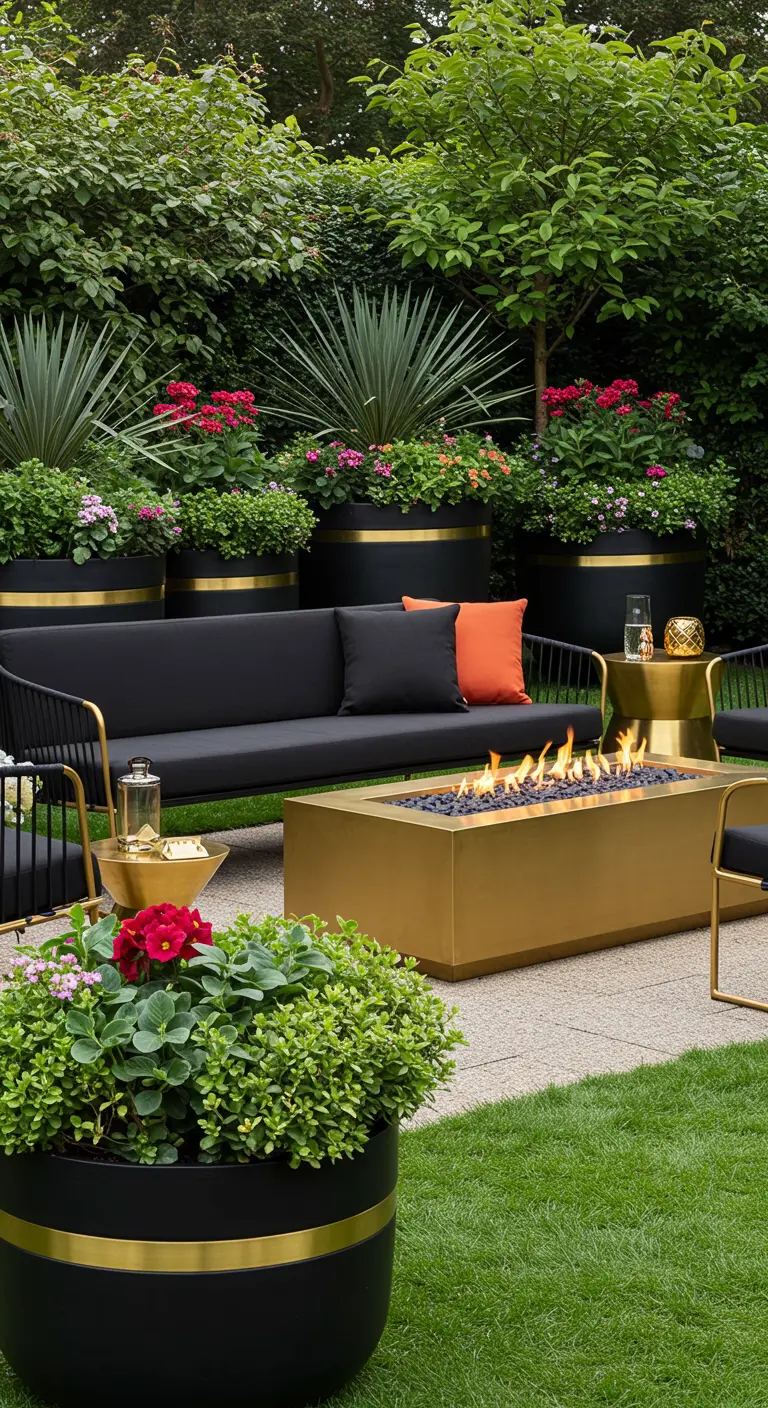 Salon de jardin noir avec foyer doré, coussins colorés et jardinières noires et or.