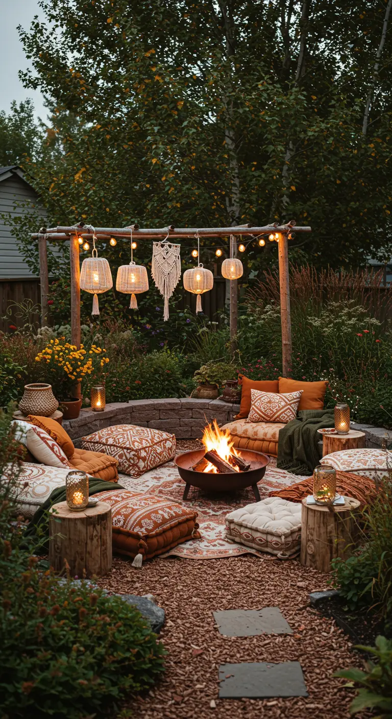 Salon de jardin bohème avec brasero, coussins de sol et lanternes tressées.