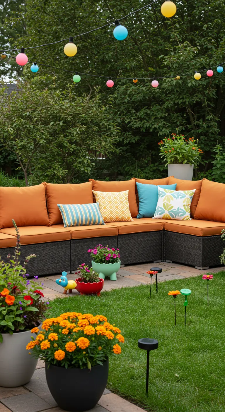 Salon de jardin avec canapé orange et coussins colorés, entouré de plantes et guirlandes lumineuses multicolores.