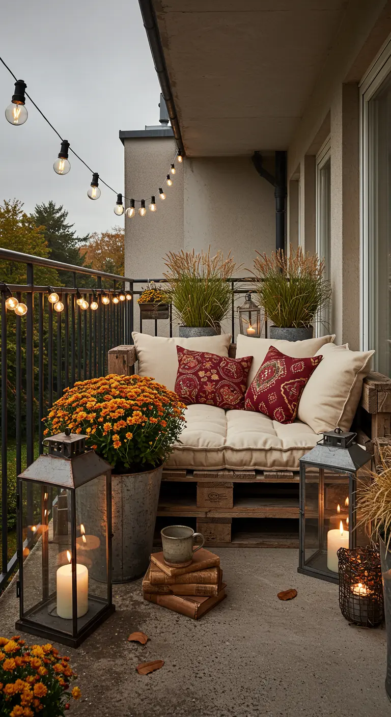 Balcon avec salon en palettes, coussins moelleux, herbes de la Pampa, lanternes et guirlandes lumineuses.